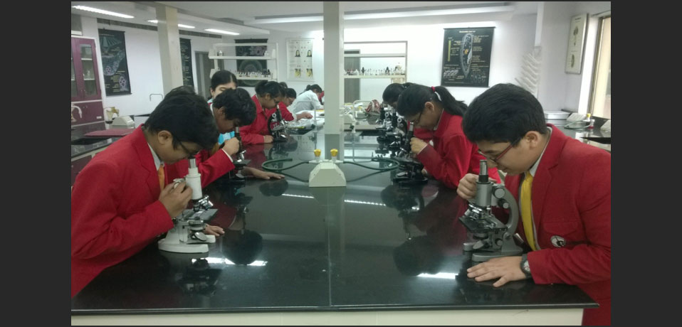 school with well equipped science labs,students are doing practical with the help of microscope
