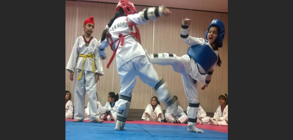 image shows students of junior wing are practising taekwondo,best sports school in delhi
